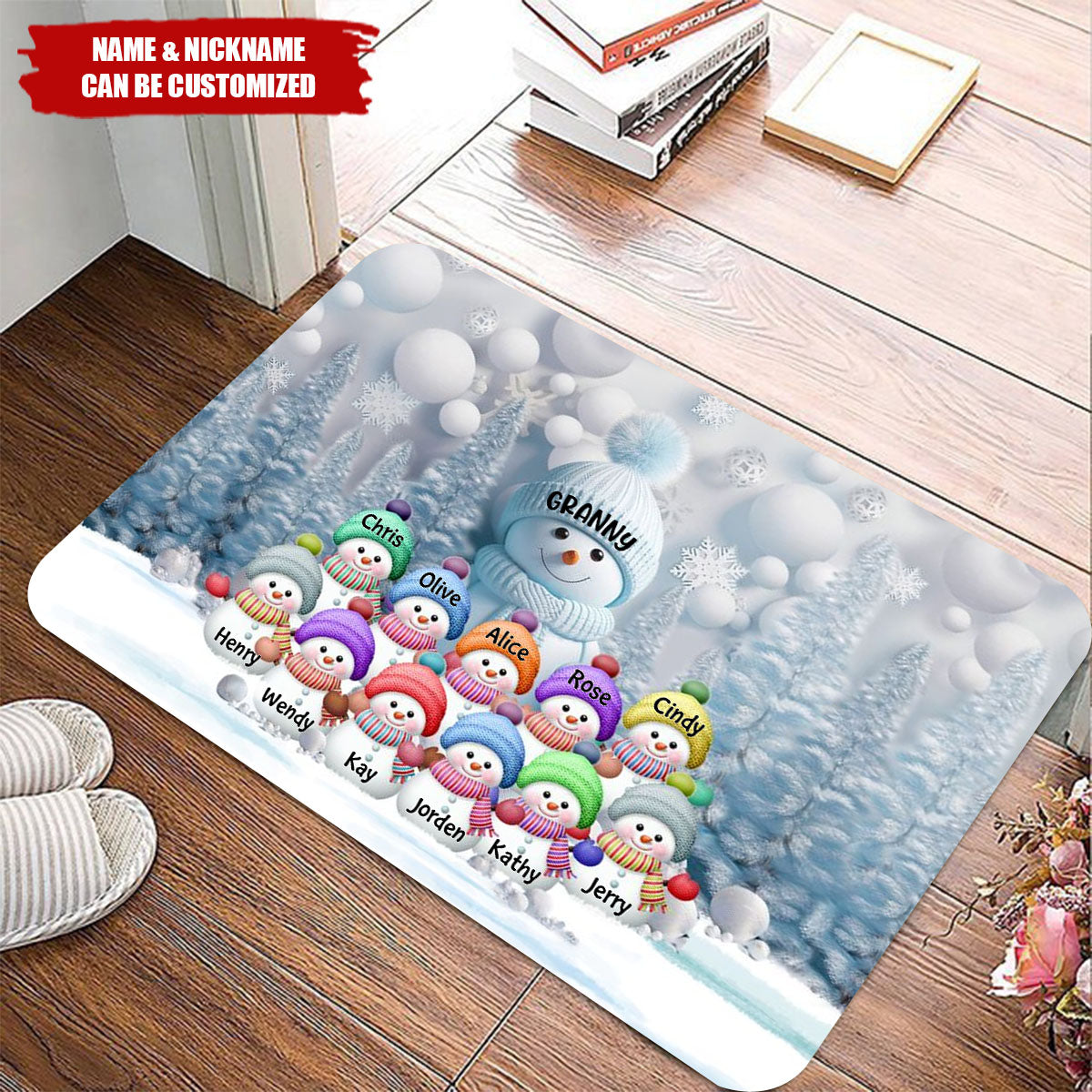 Christmas Blue Vibe Snowman Grandma Mom Colorful Kids Personalized Doormat