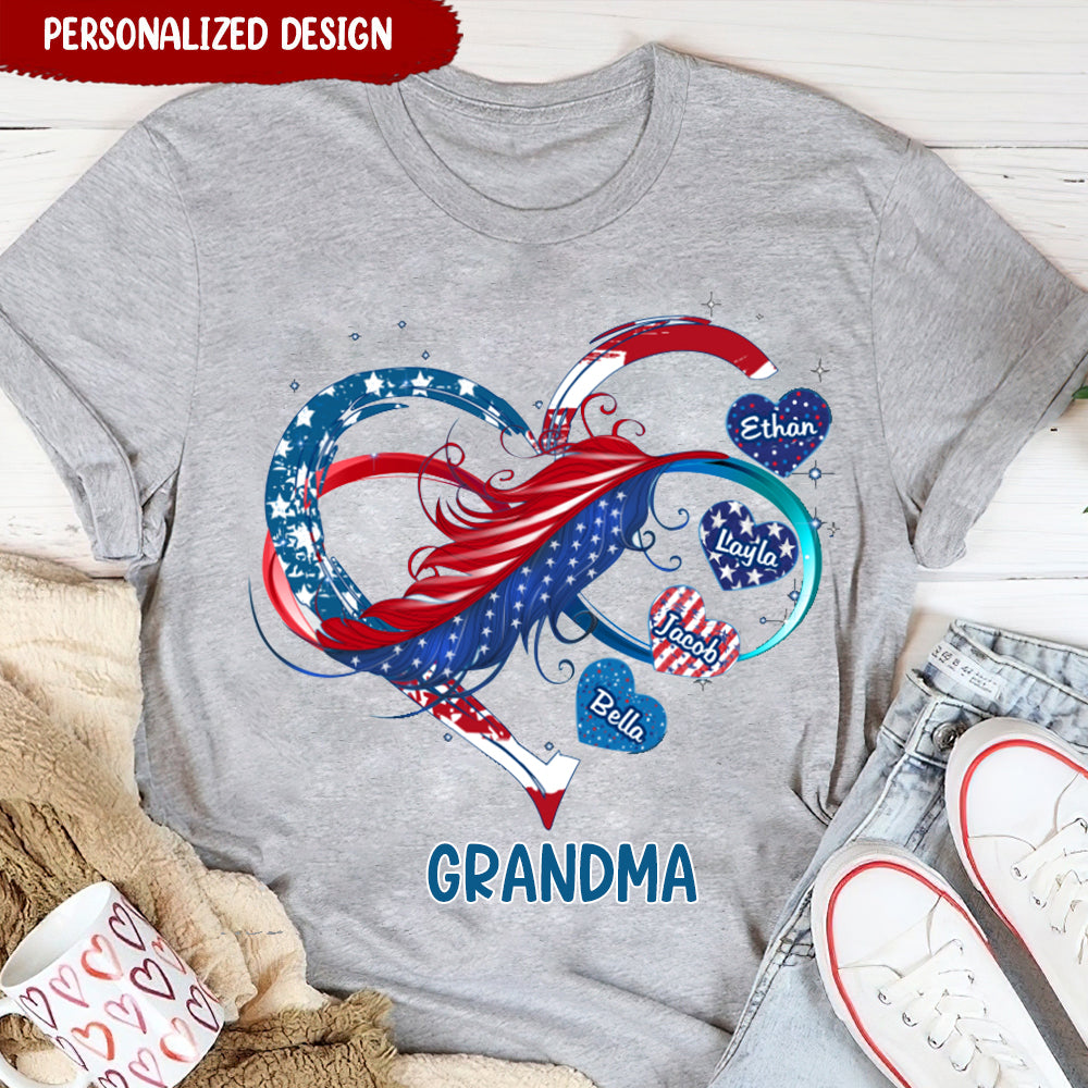 Grandma/Mom And Grandkids Hearts American Flag T-Shirt