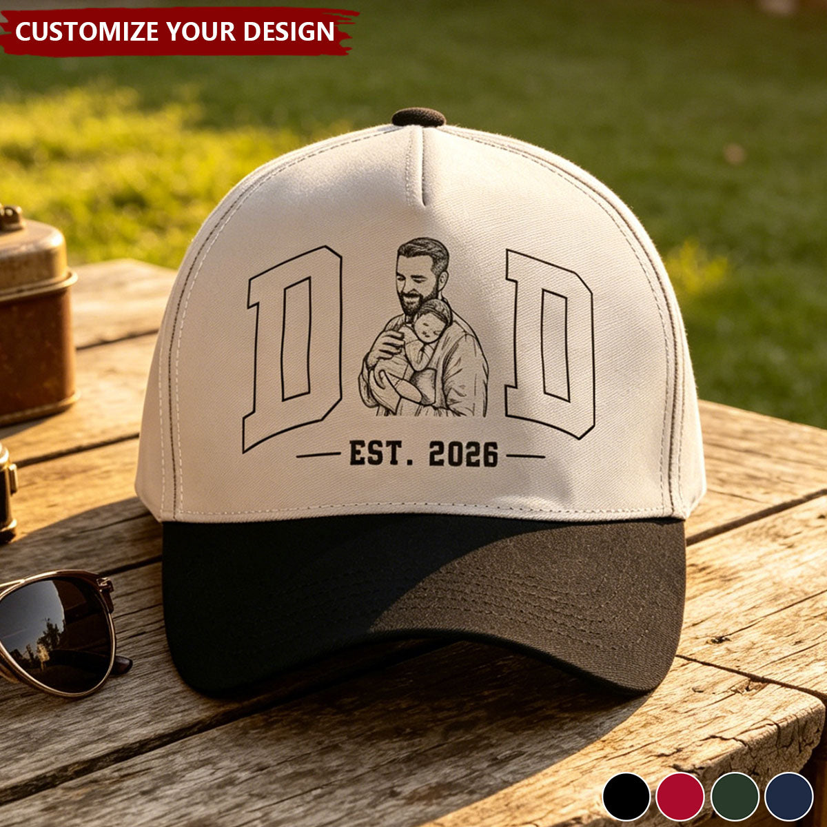 Dad Est Custom Photo Sketch Line Art Father's Day Gift For New Dad, Husband - Personalized Cap