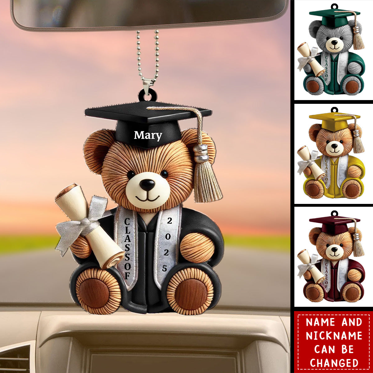 Graduation Bear - Personalized Acrylic Car Ornament, Graduation Gift, 2025 Senior Gift