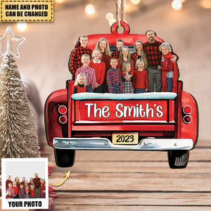 Red Truck Christmas Custom Photo Family Friends - Personalized Wooden Photo Ornament