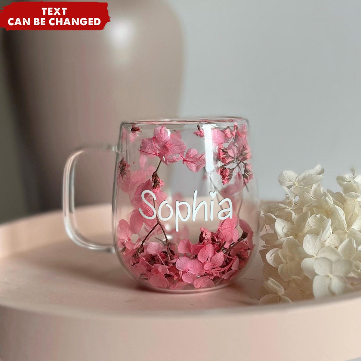 Insulated Layer Dried Flowers Personalized Double Walled Glass Coffee Mug With Handle