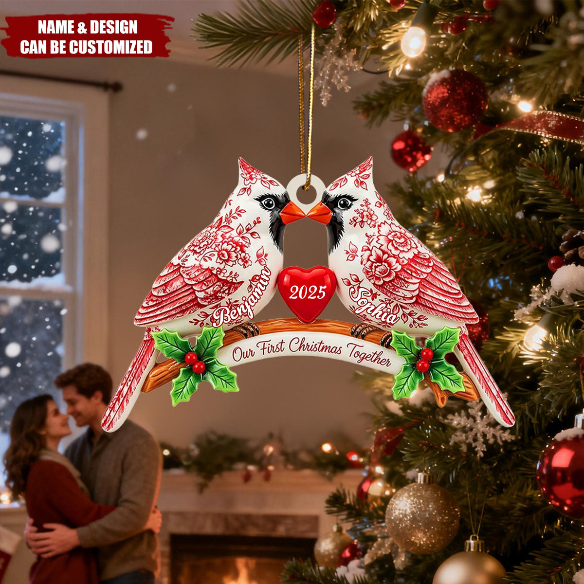 Couple Cardinal Toile de Jouy Personalized Acrylic Ornament, Christmas Gift For Couple