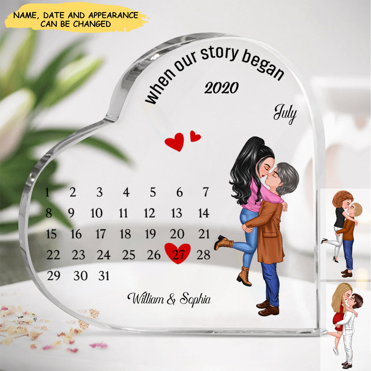 When Our Story Began - Doll Couple Kissing Hugging - Personalized Acrylic Glass Heart Shaped Plaque
