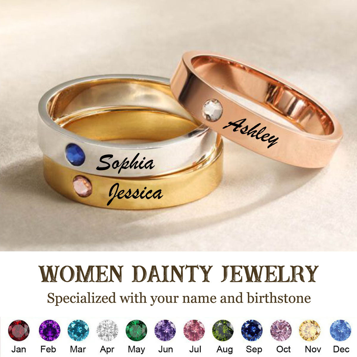 Custom Name Birthstone Personalized Ring, Woman Jewelry Gift