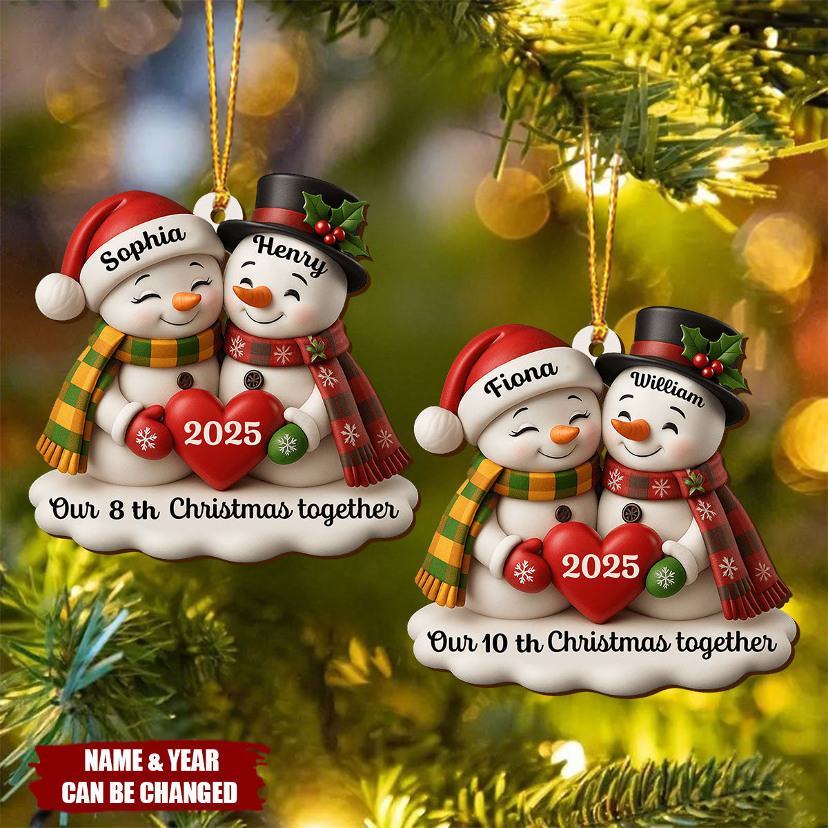 Our Christmas Together, Snowman With Hearts and Holly, Personalized Wood Ornament