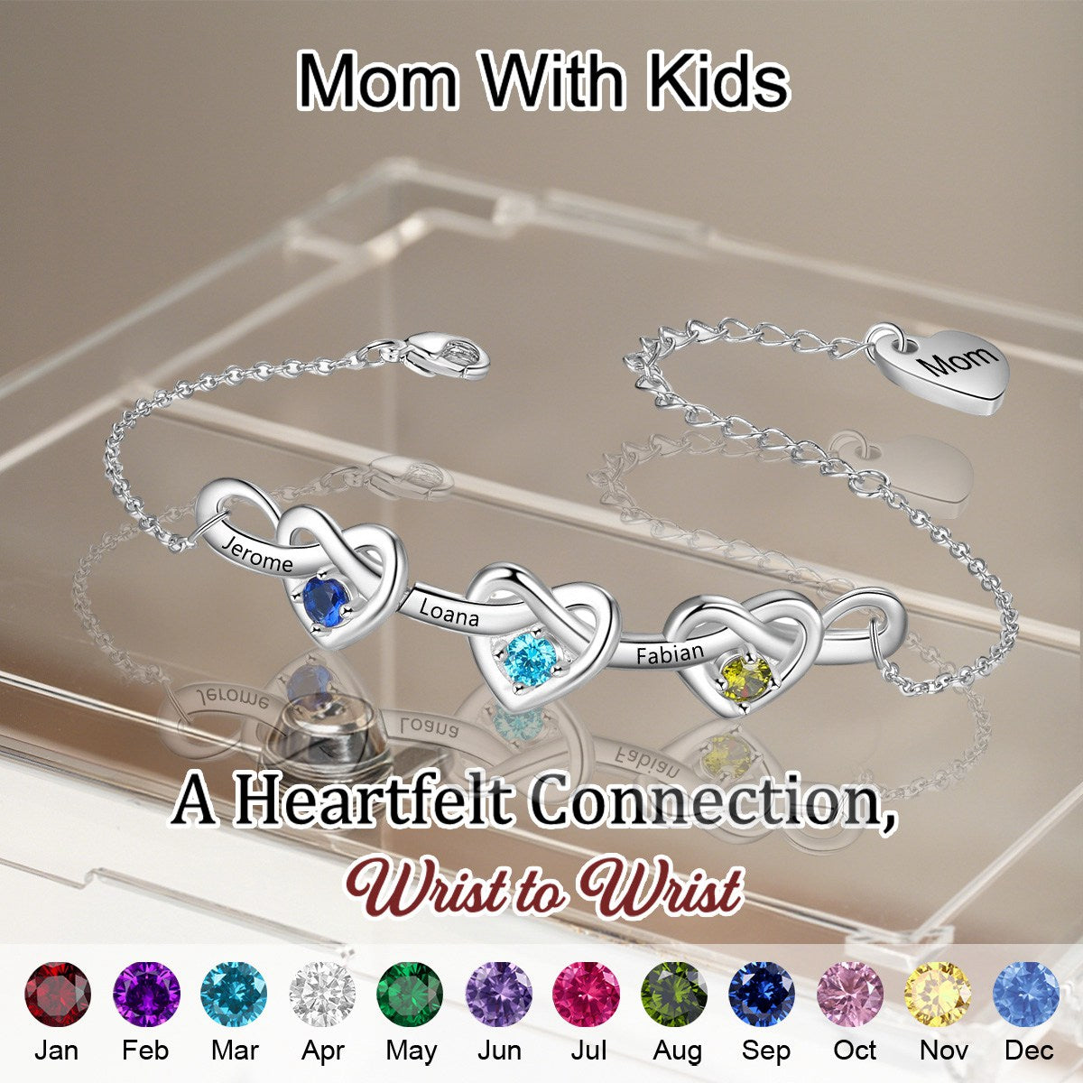 Linked Heart Bracelet With Birthstones Engraved Name Custom Bangle, Mom Grandma Gift