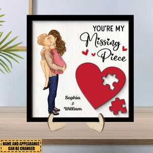 Couple Kissing Standing Red Heart Puzzle Personalized 2-layer Wooden Plaque