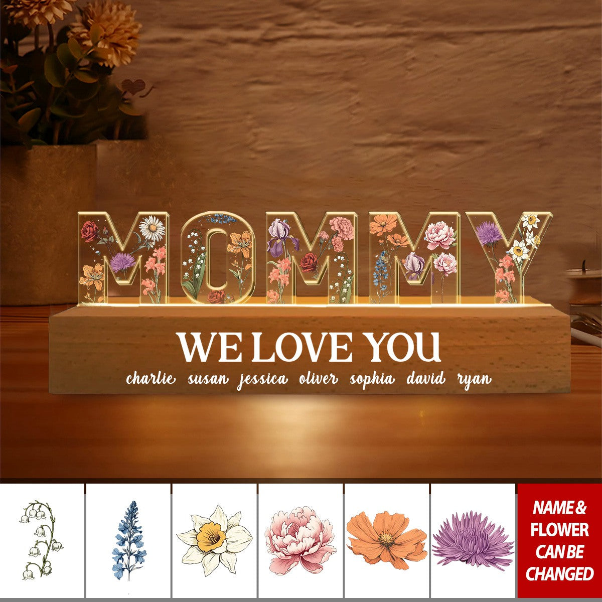 Flower Printed LED Night Light, Birth Month Flower, Gift For Mom