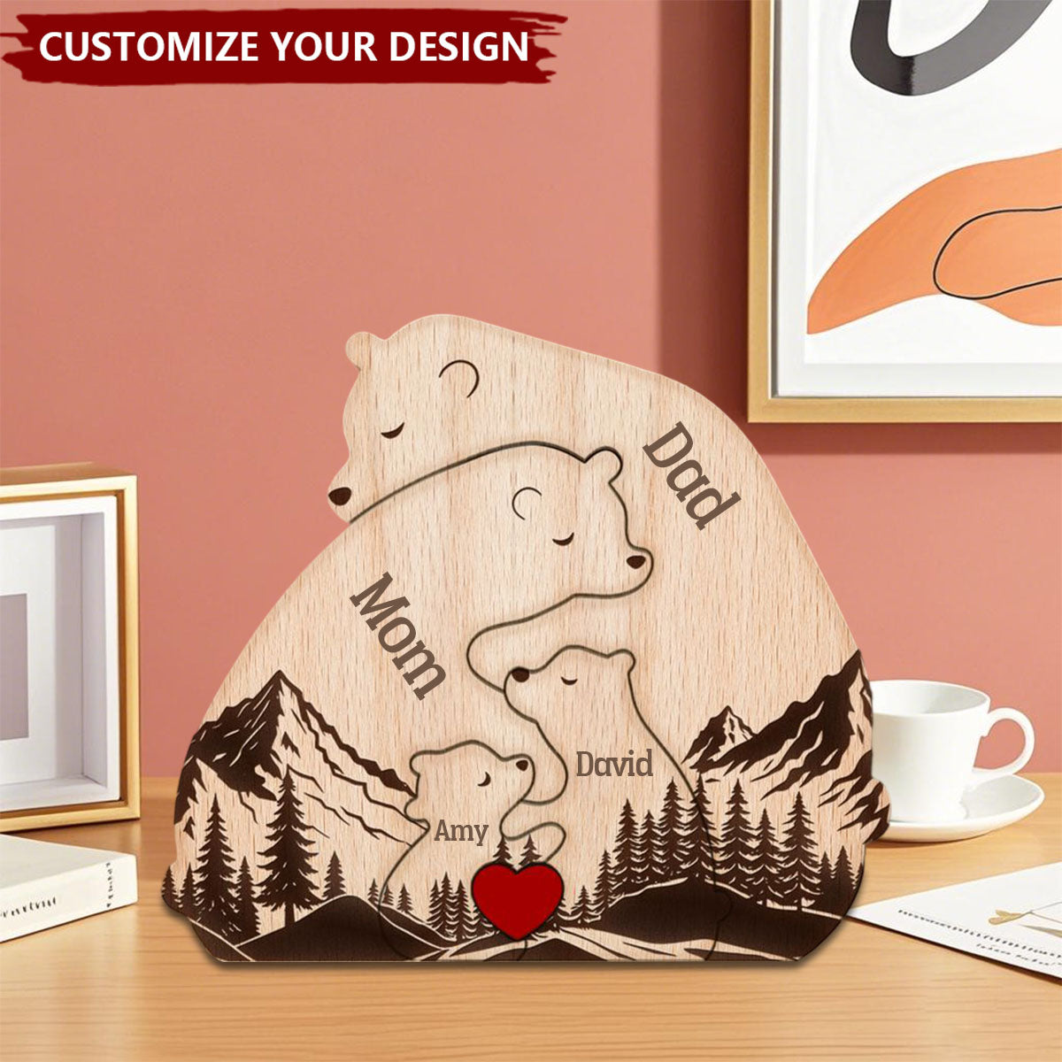 Hugging Bear Family Forest Version - Personalized Wooden Bear Family Puzzle