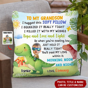 Custom Photo Cute Dinosaur Rider Personalized Pillow, Gift For Grandkid Kid