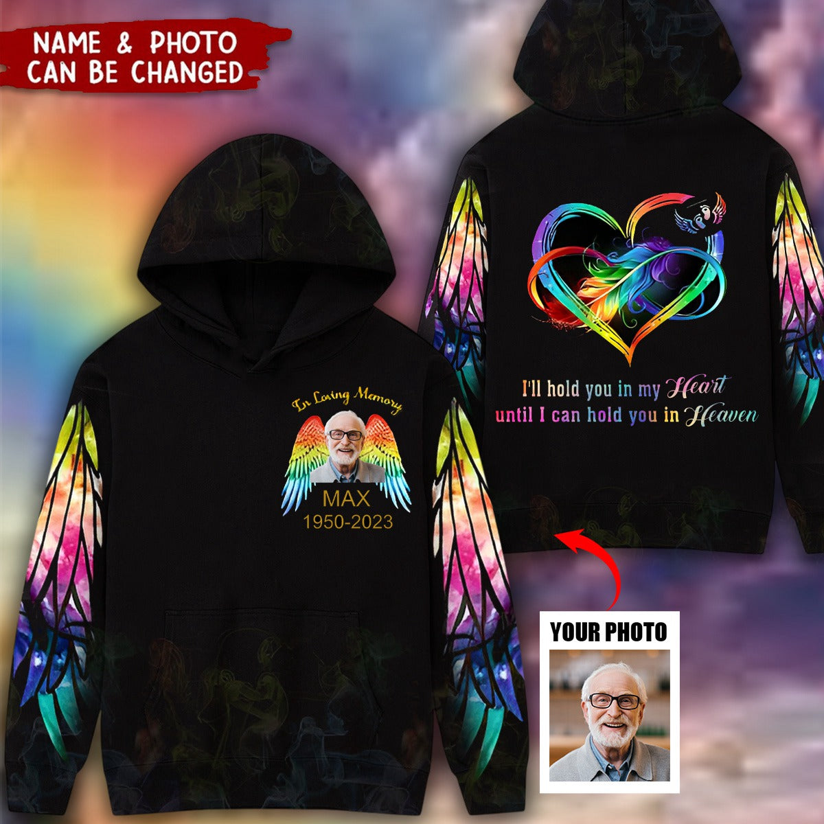 Upload Photo Rainbow Wings Angel Family Loss Memorial Gift Customized 3D Hoodie