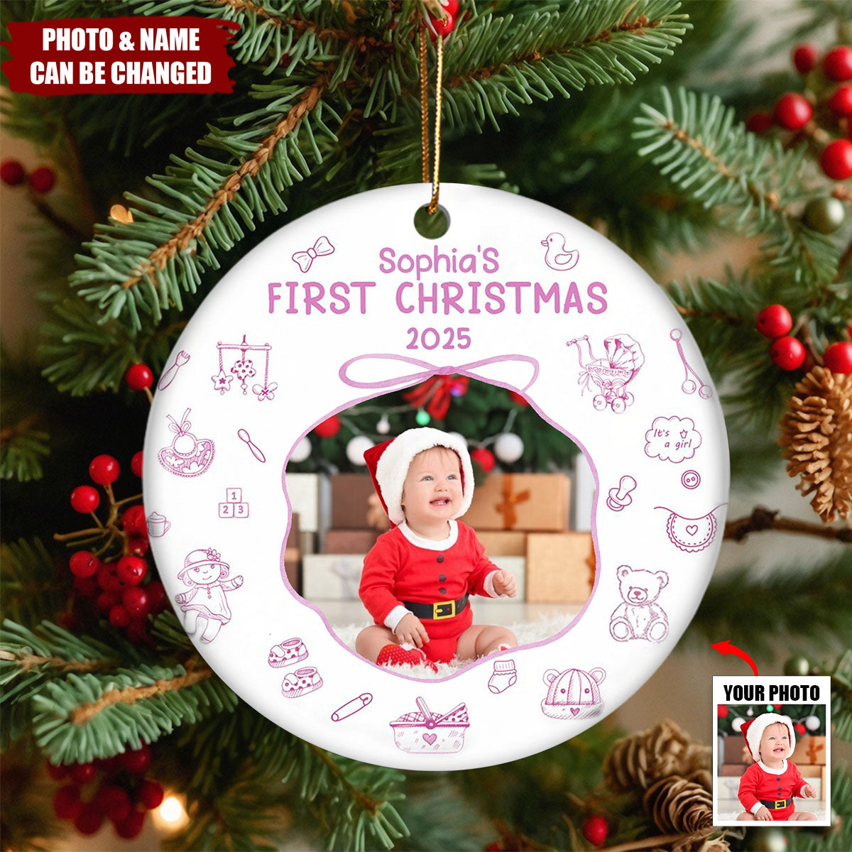 Baby First Christmas Toile De Jouy - Personalized Ceramic Photo Ornament