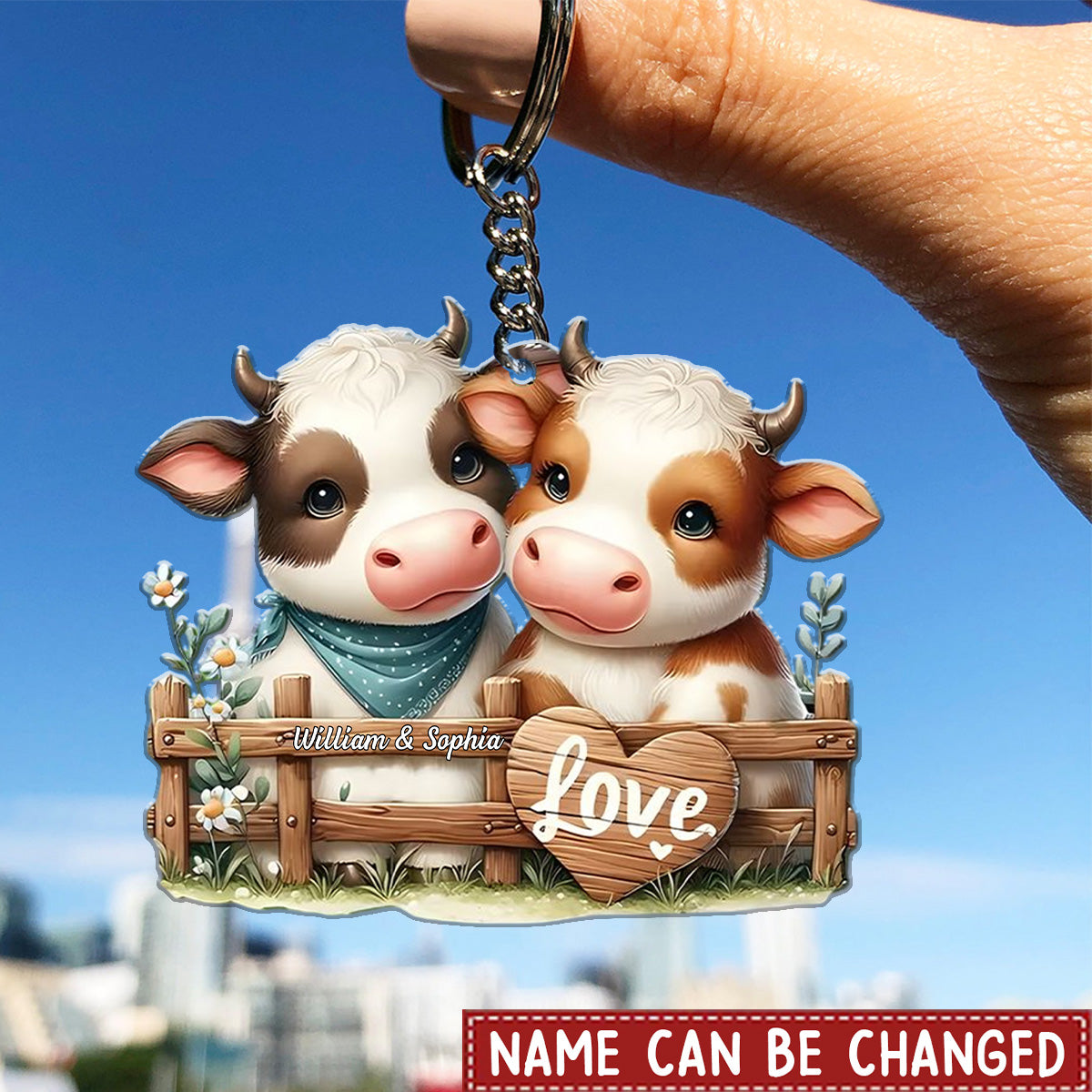 Charming Double Cow Hug Personalized Hanging Shaped Keychain
