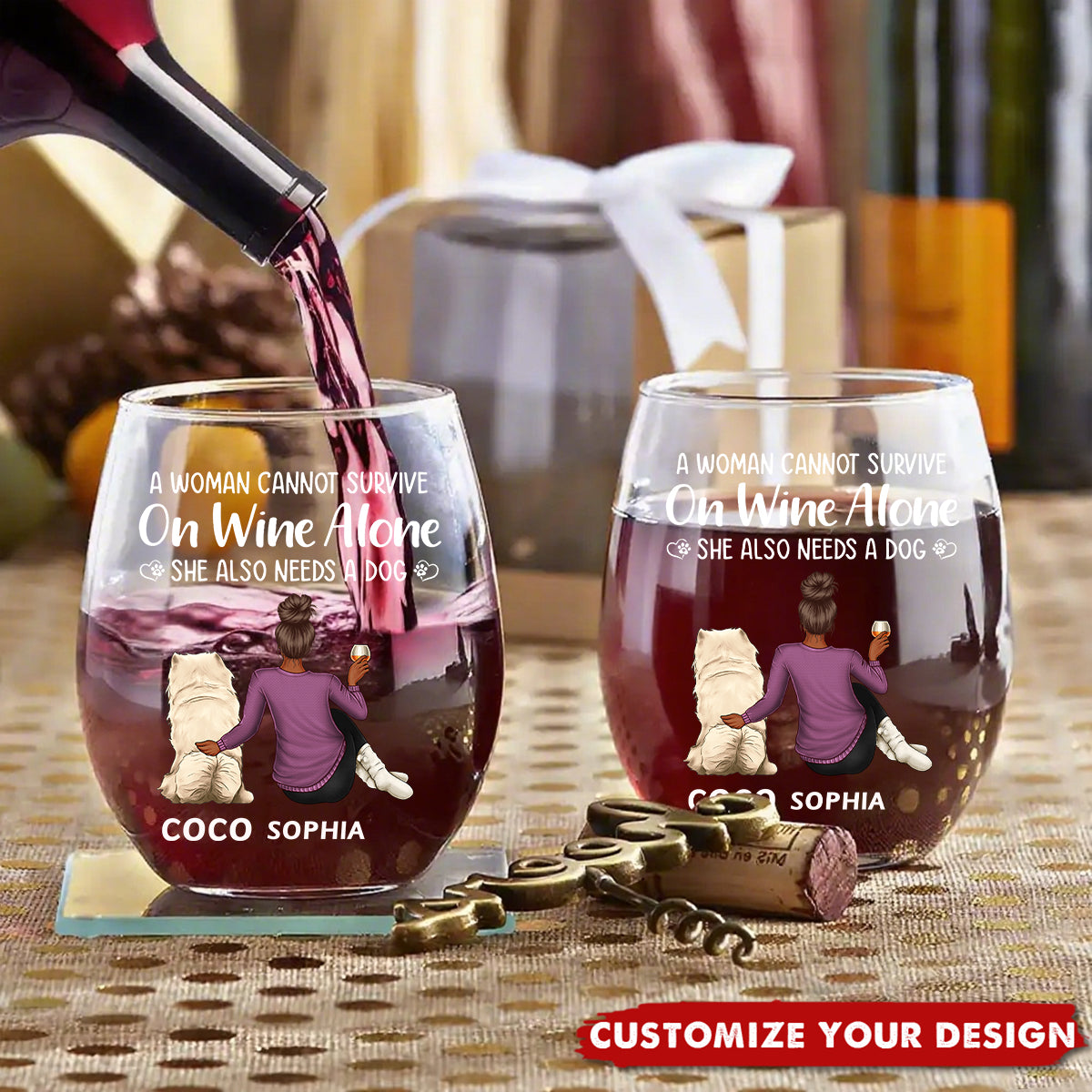 A Woman Cannot Survive On Wine Alone Dog Mom - Personalized Stemless Wine Glass