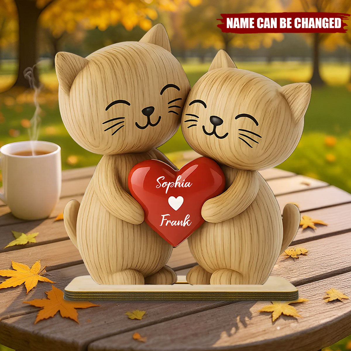 3D Effect Cat Couple Love Personalized Standing Wooden Plaque