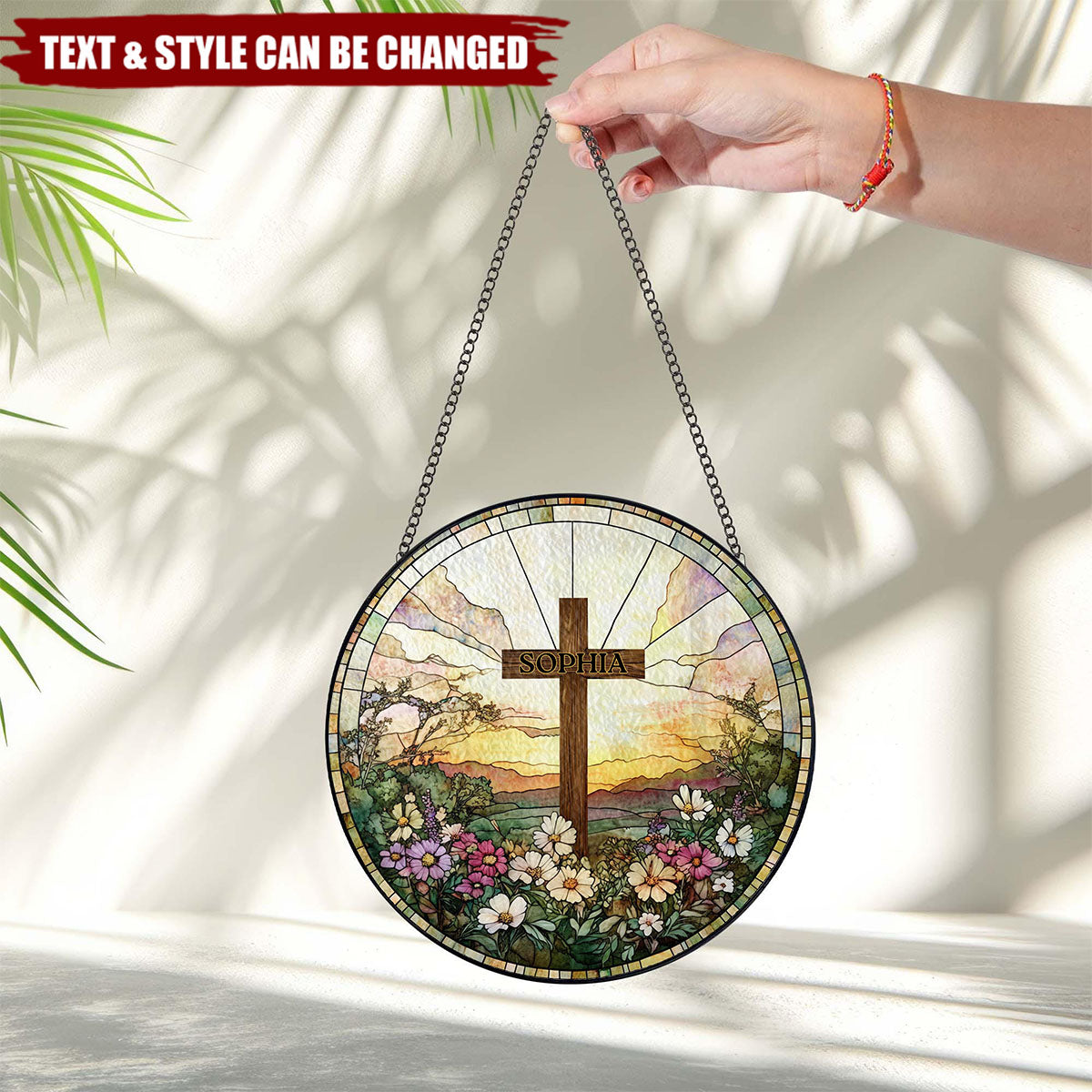 Personalized Christian Religious Easter Cross Glass Flowers Windows Hanging Suncatcher