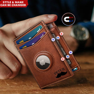 Personalized Leather Card Holder Magnetic Closure RFID Blocking AirTag Wallet