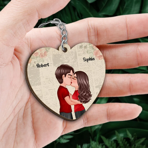 Favorite Place In All The World Couple Kissing Personalized Heart Shaped Wooden Keychain