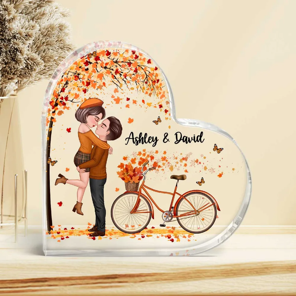 Fall Season Couple Kissing Under Tree Bicycle Personalized Heart Acrylic Plaque