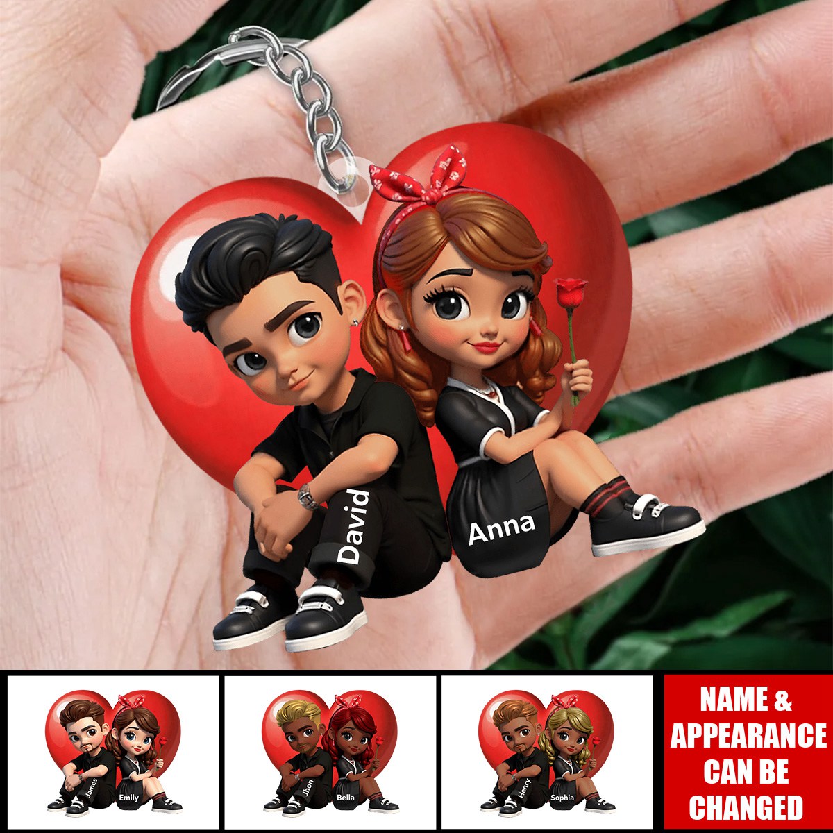 Pretty Couple Roses Heart Personalized Acrylic Keychain, Heartfelt Anniversary Gift, Valentine's Day Gift for Couples