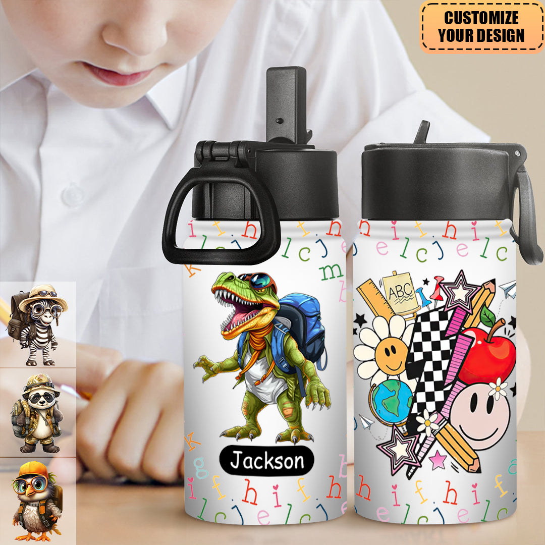 Personalized Kids Water Bottle With Straw Lid - Birthday, Back To School Gift For Student, Son, Daughter - Animal World