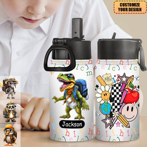 Personalized Kids Water Bottle With Straw Lid - Birthday, Back To School Gift For Student, Son, Daughter - Animal World