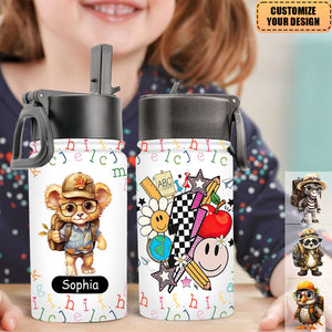 Personalized Kids Water Bottle With Straw Lid - Birthday, Back To School Gift For Student, Son, Daughter - Animal World