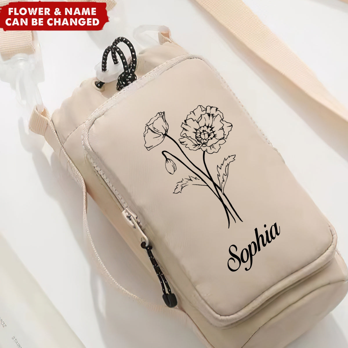 Personalized Birth Flower Water Bottle Carrier Phone Crossbody Bag