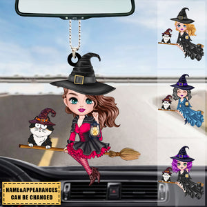Witch Riding Broom Mystical Girl With Cute Cat Kitten Pet - Personalized Ornament