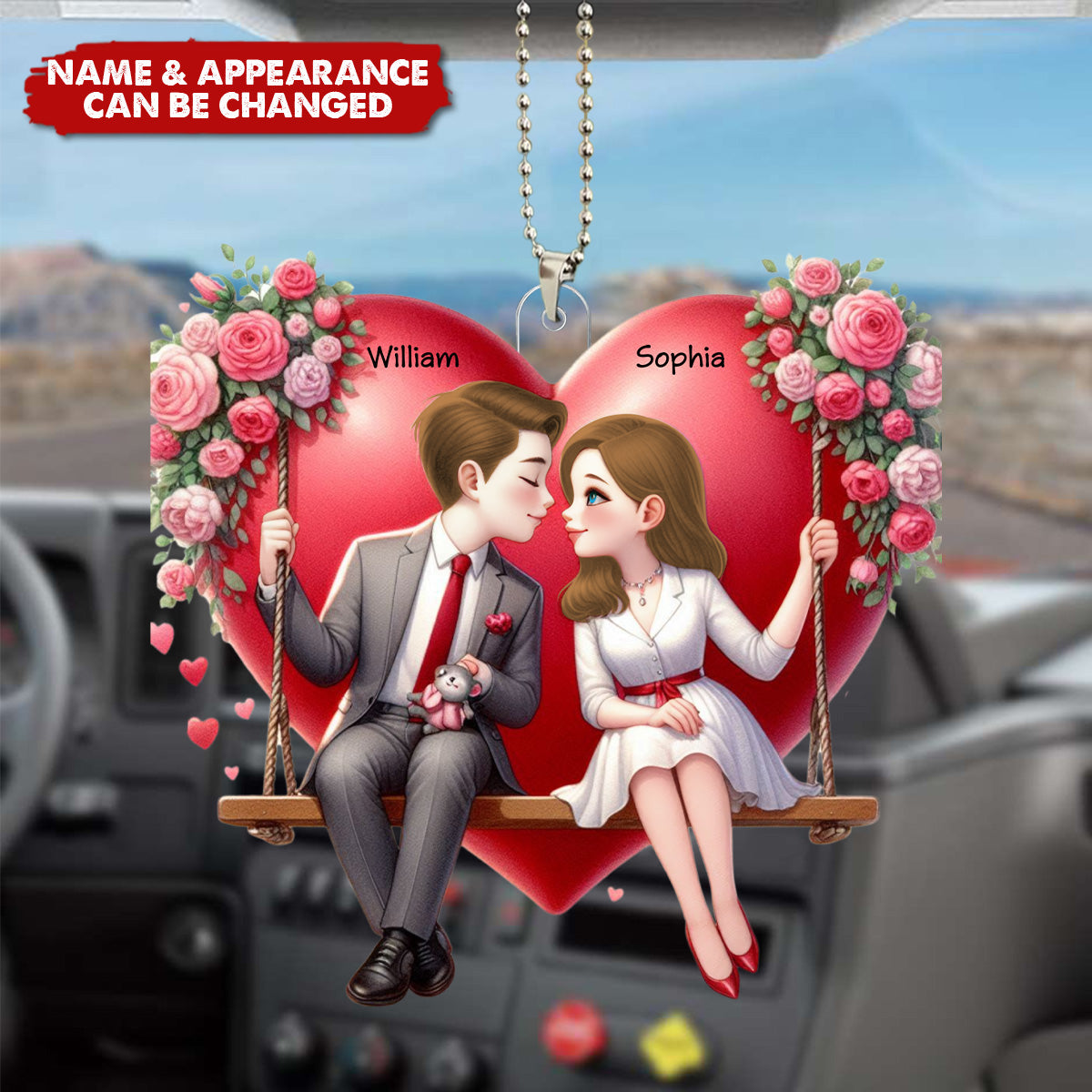 Couple Sitting On A Swing - Personalized Acrylic Car Ornament - Valentine's Day Gift
