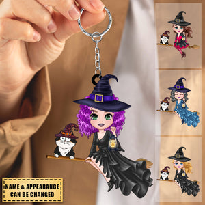 Witch Riding Broom Mystical Girl With Cute Cat Kitten Pet - Personalized Keychain