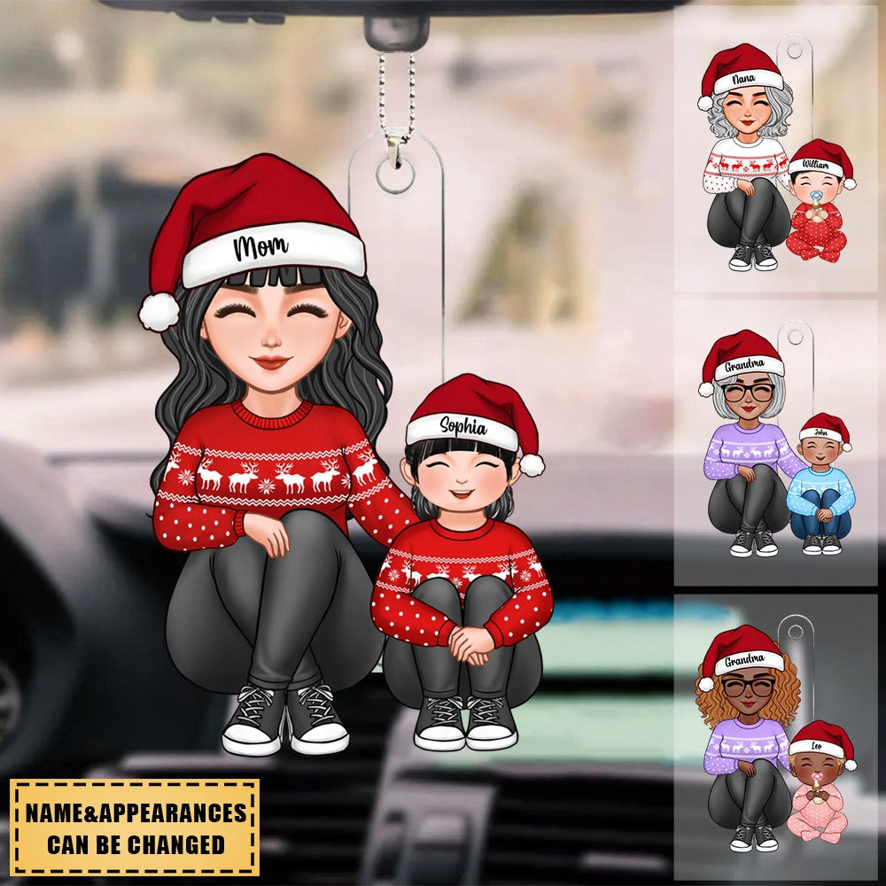 Cute Grandma Mom Grandkid Sitting Knees To Chest Christmas Gift For Granddaughter Grandson Personalized Acrylic Car Ornament