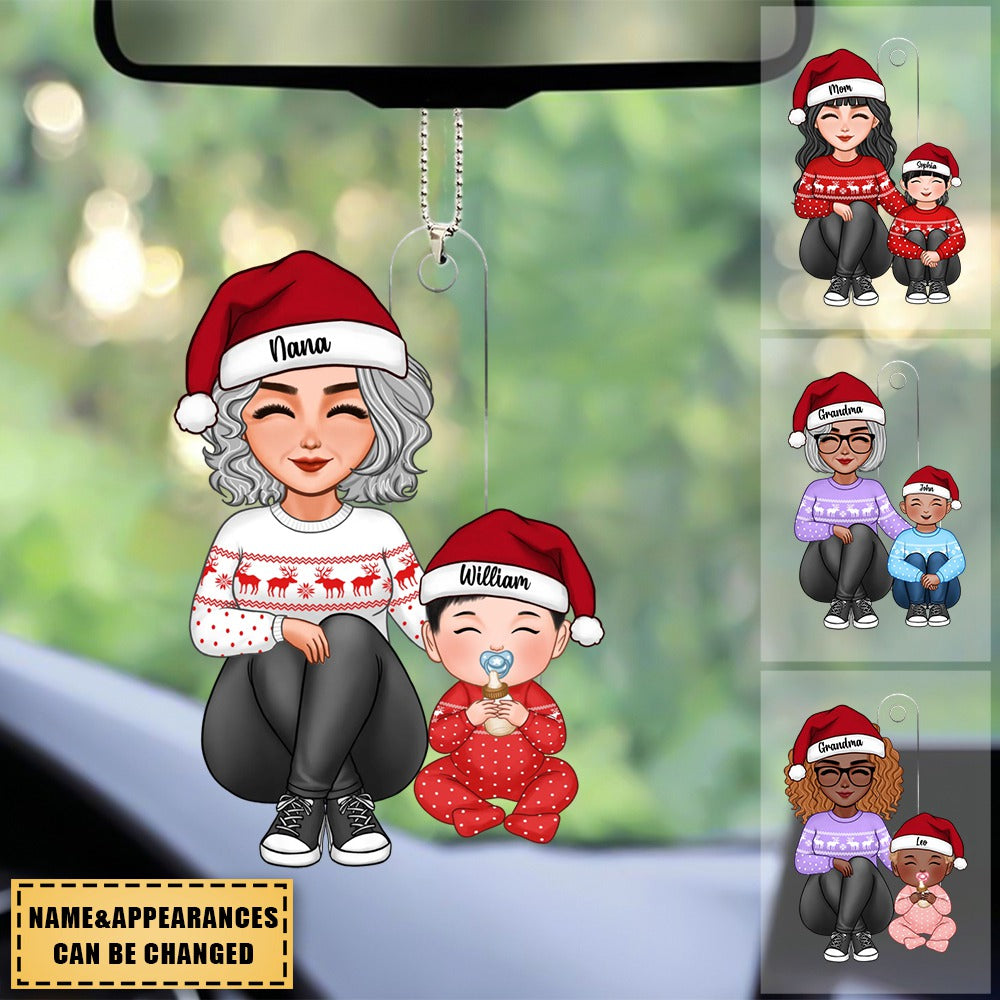 Cute Grandma Mom Grandkid Sitting Knees To Chest Christmas Gift For Granddaughter Grandson Personalized Acrylic Car Ornament
