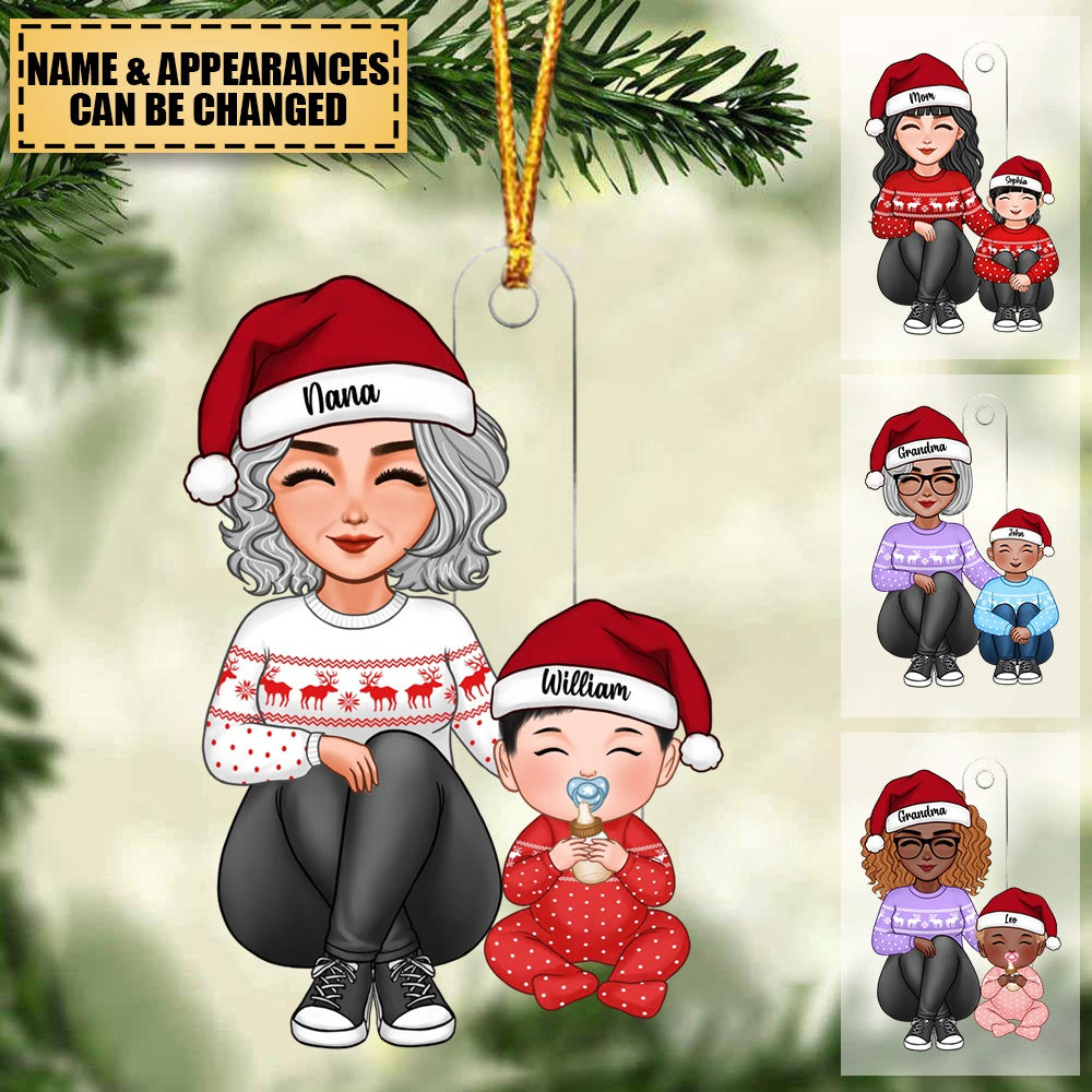Cute Grandma Mom Grandkid Sitting Knees To Chest Christmas Gift For Granddaughter Grandson Personalized Acrylic Ornament