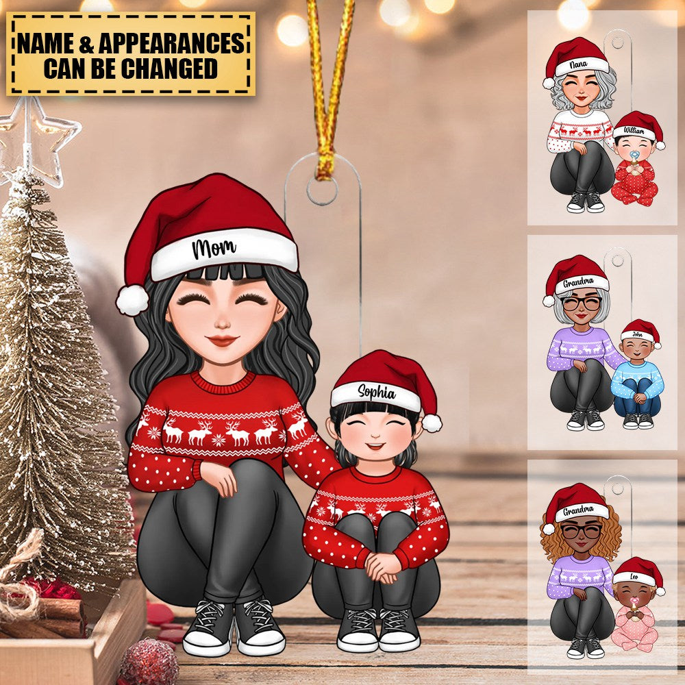 Cute Grandma Mom Grandkid Sitting Knees To Chest Christmas Gift For Granddaughter Grandson Personalized Acrylic Ornament