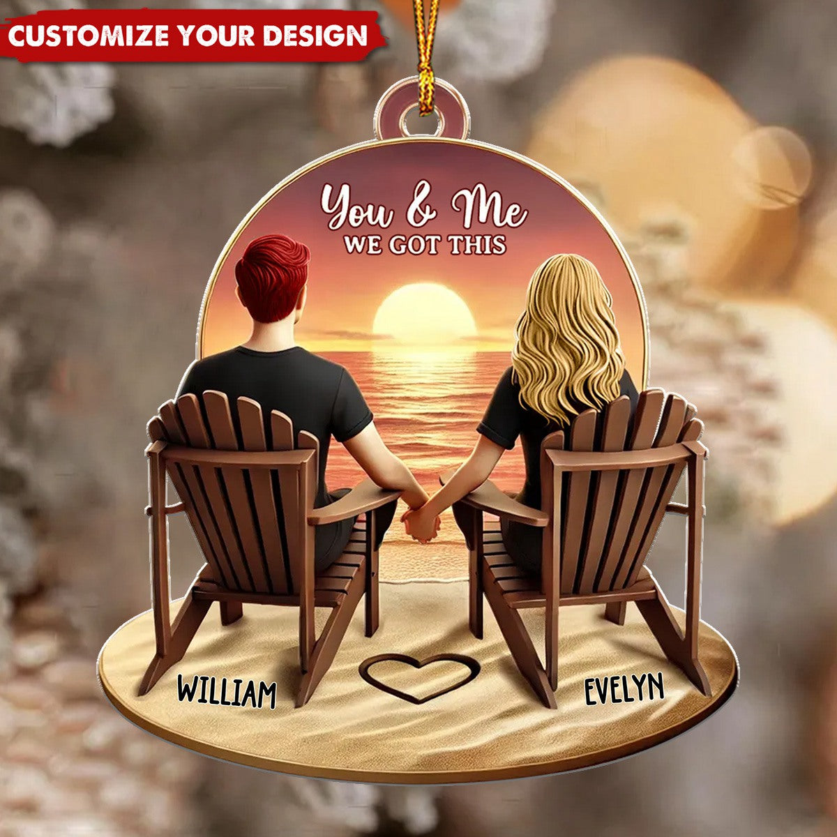 Couple Beach Landscape Retro Vintage - Personalized Acrylic Christmas Ornament