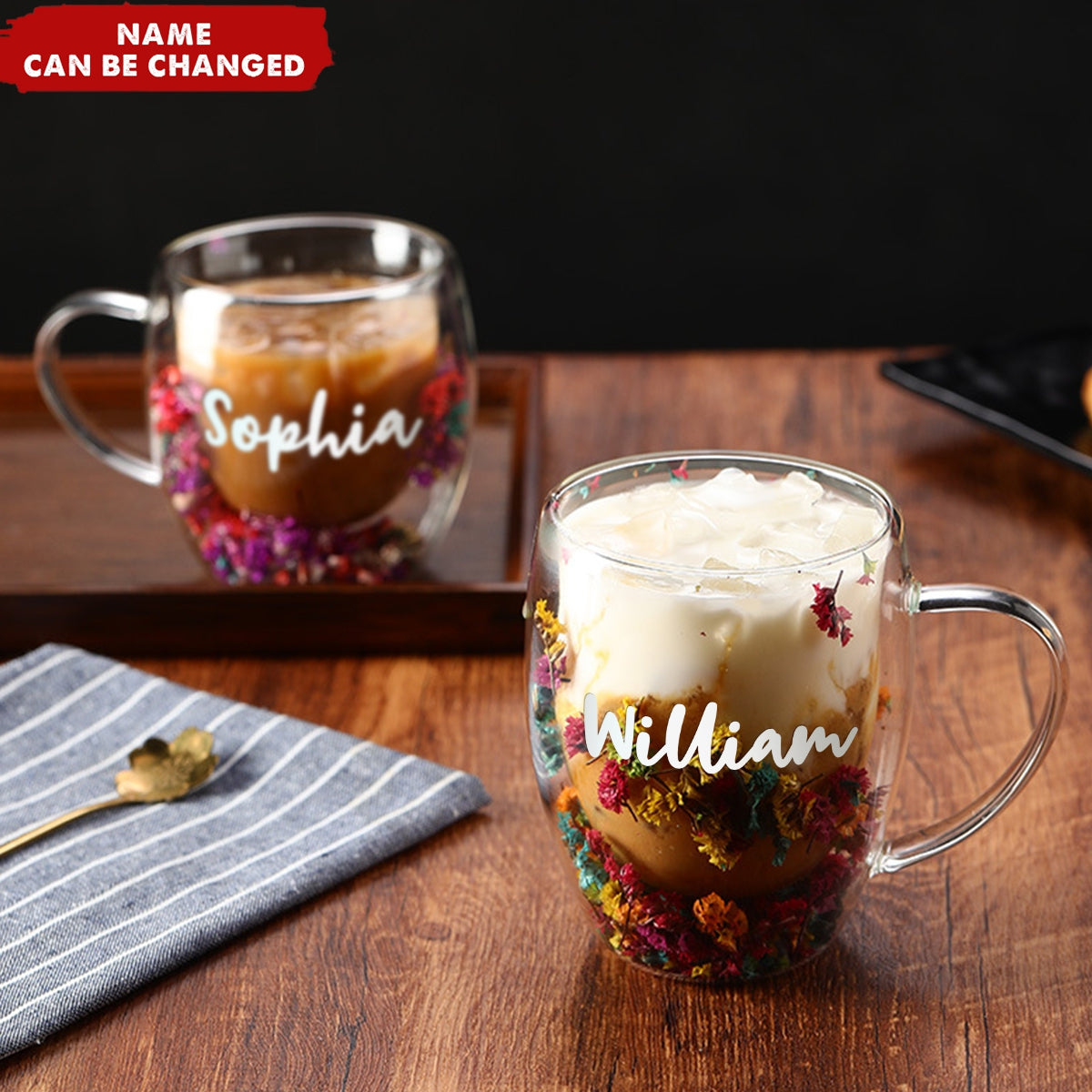Insulated Heat Resistant Personalized Dried Flowers Double Wall Glass Coffee Mugs