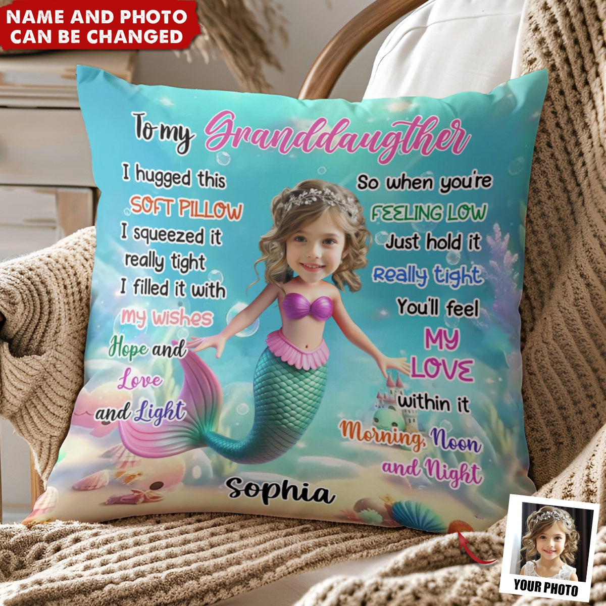 Personalized Gift For Granddaughter Mermaid Custom Face Hug This Pillow