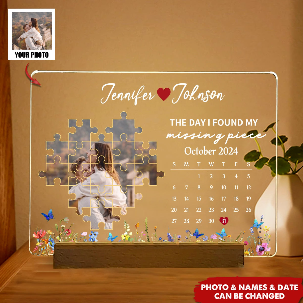 The Day I Found My Missing Piece Personalized Acrylic LED Night Light, Valentine's Day Gifts