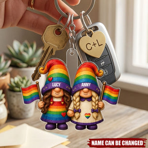 Love Is Love Rainbow Gnome Couple - Personalized Keychain