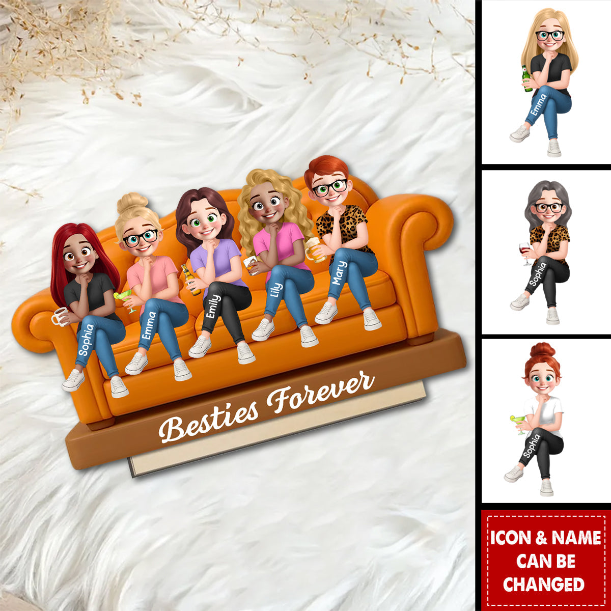 Besties Sitting On Sofa Personalized Wooden Standing Plaque, Gift for Besties, Sisters, Best Friends