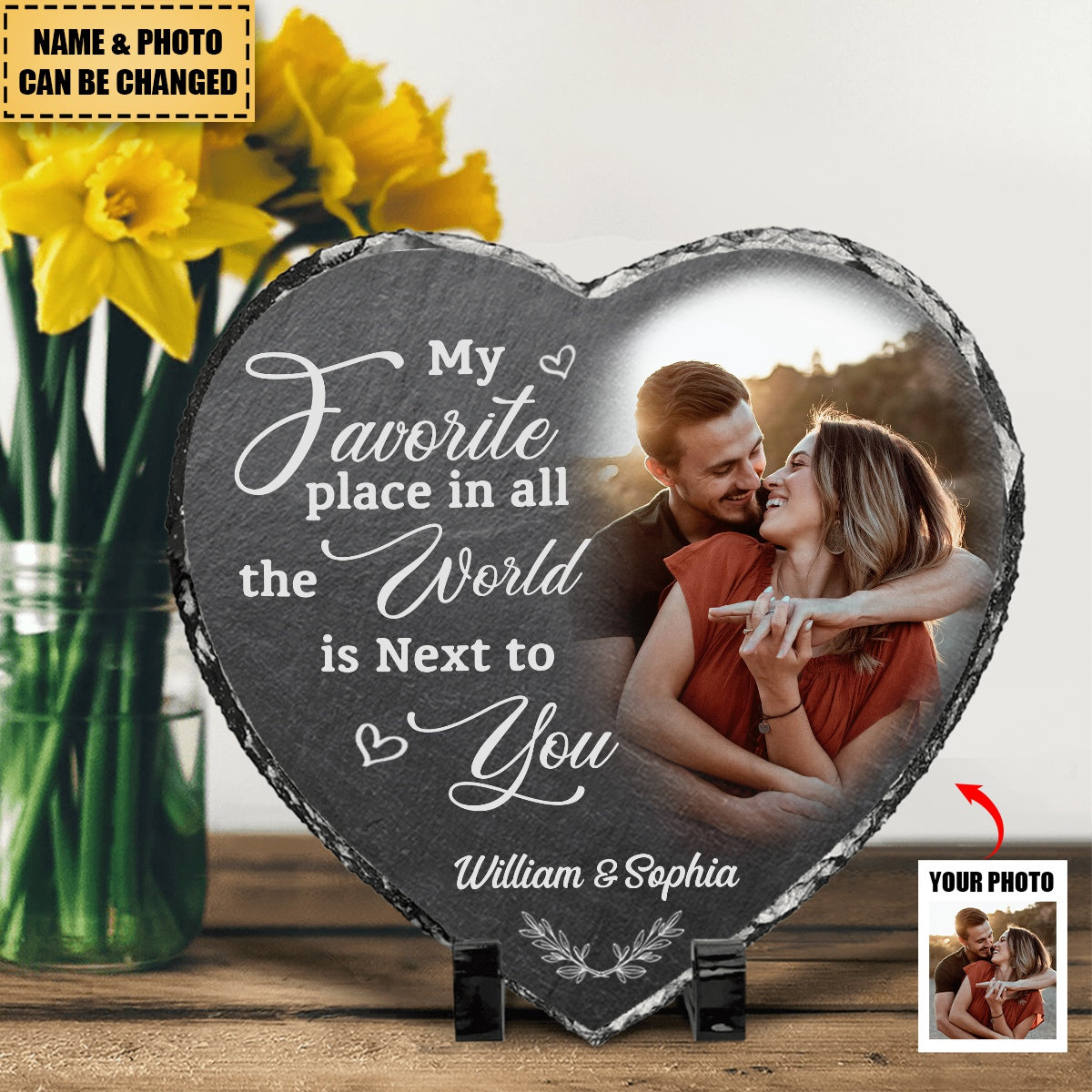Custom Photo My Favorite Place In All The World Is Next To You - Couple Personalized Heart Shaped Stone With Stand