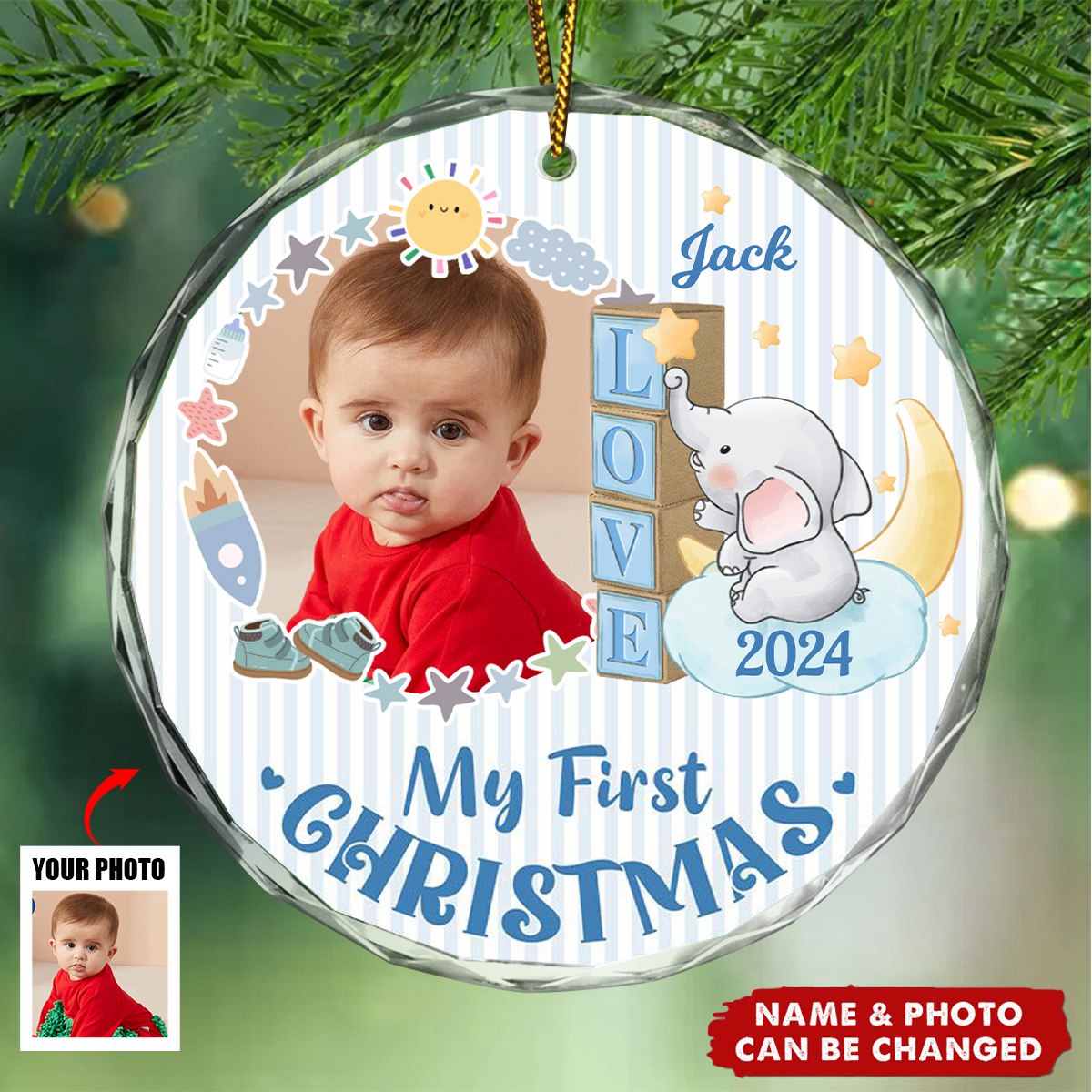Custom Photo First Christmas Elephant Star - Personalized Circle Glass Ornament