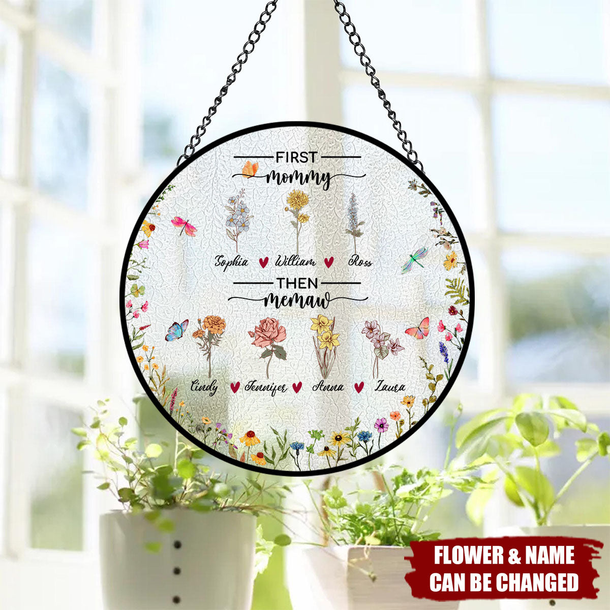 First Mom Now Grandma - Personalized Birth Flowers Stained Glass Suncatcher