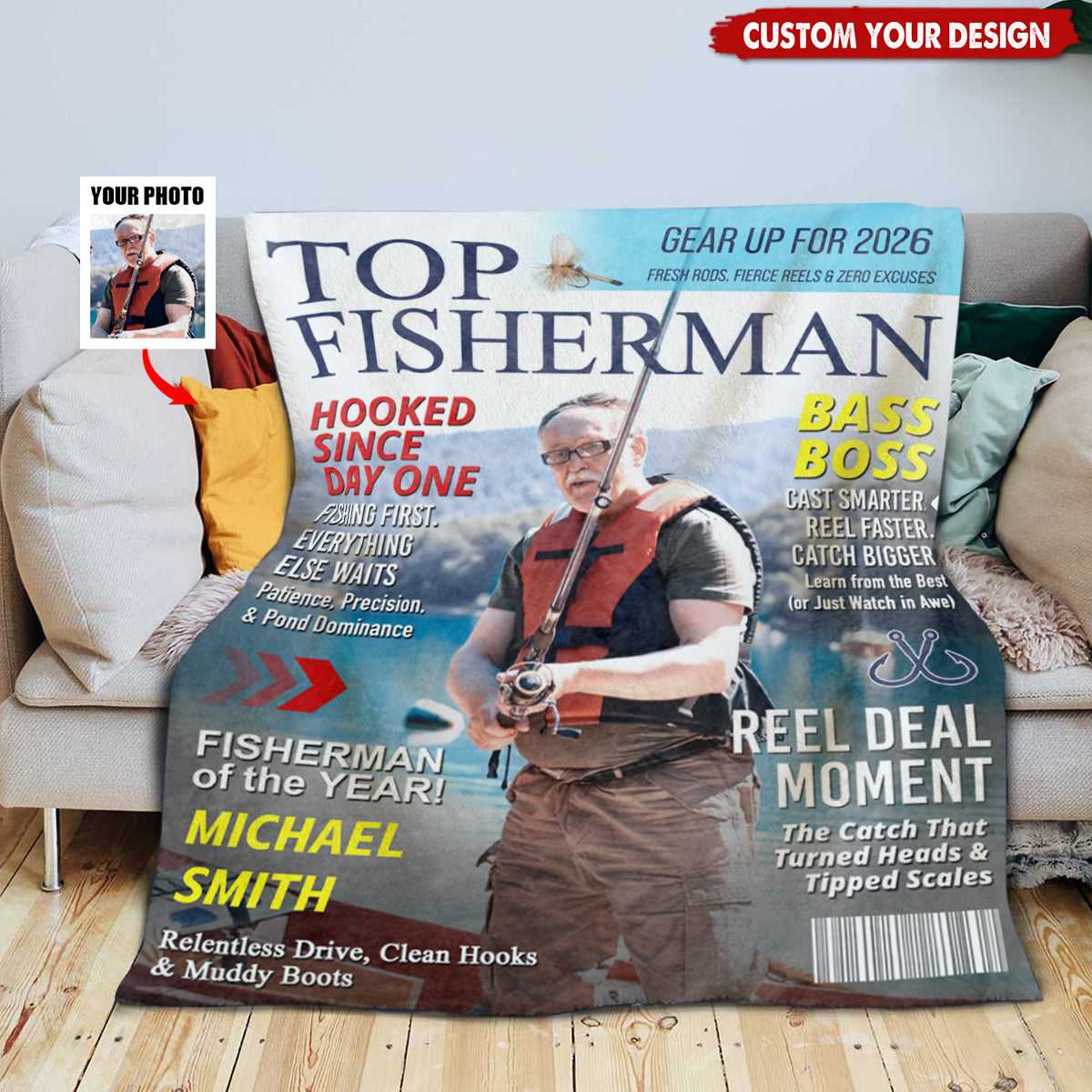 Custom Fishing Magazine Cover Personalized Blanket, Angler Funny Fisherman Gift
