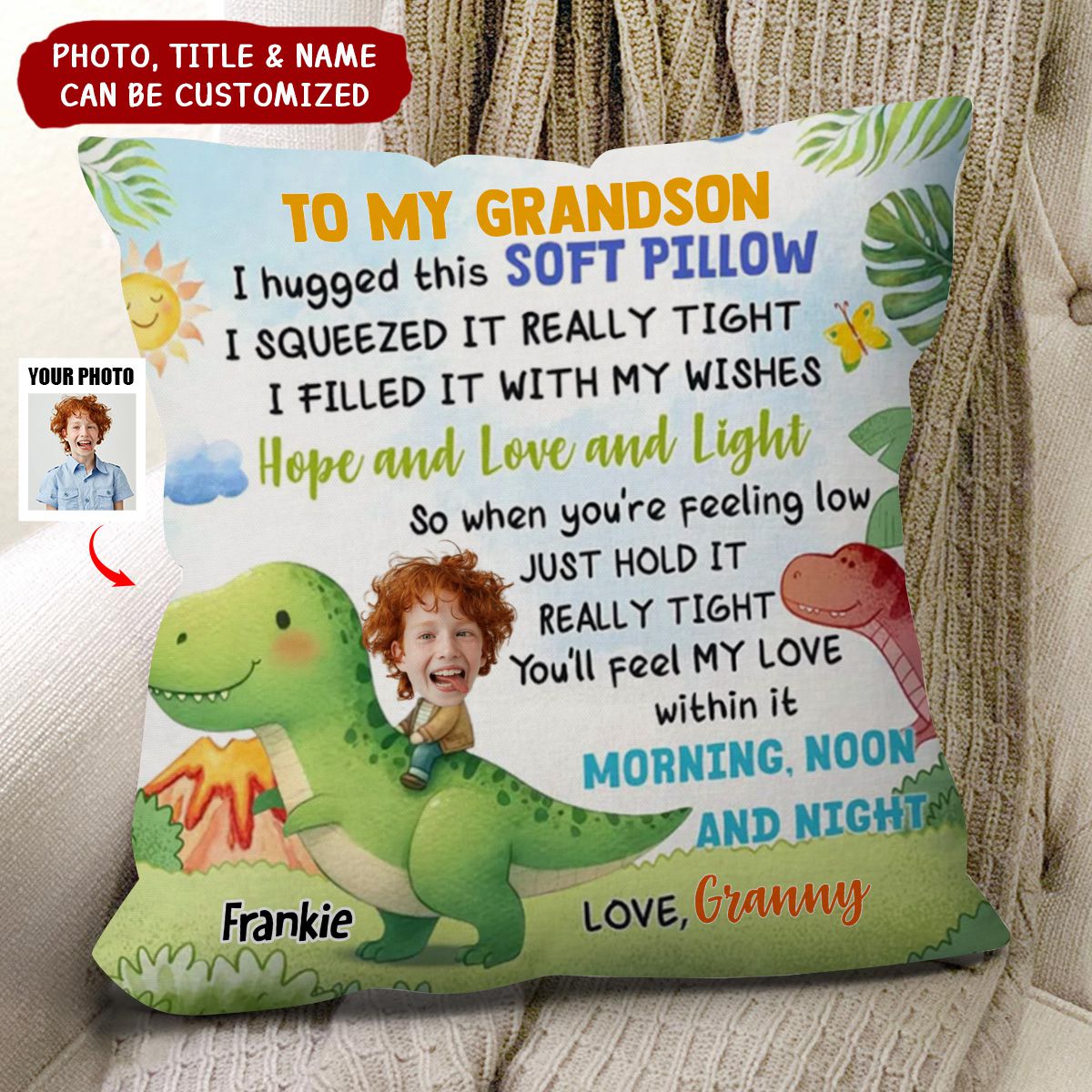 Custom Photo Cute Dinosaur Rider Personalized Pillow, Gift For Grandkid Kid