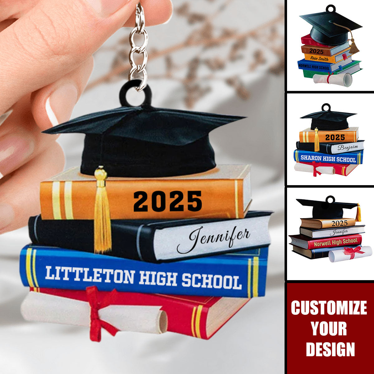 Graduation Cap And Books - Personalized Acrylic Keychain, Gift For Graduates
