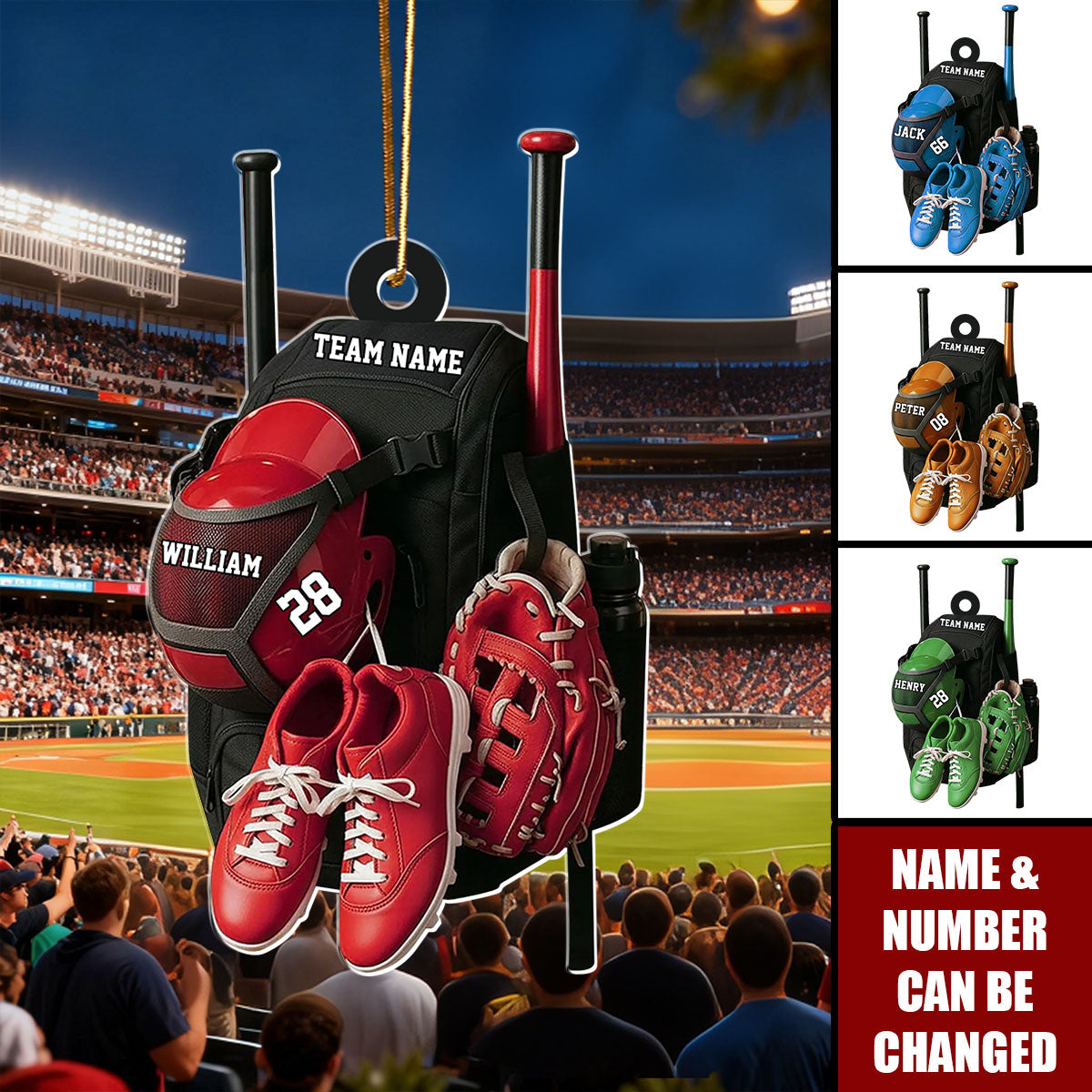 Personalized Baseball Ornament, Custom Baseball Bag with Helmet Baseball Ornament