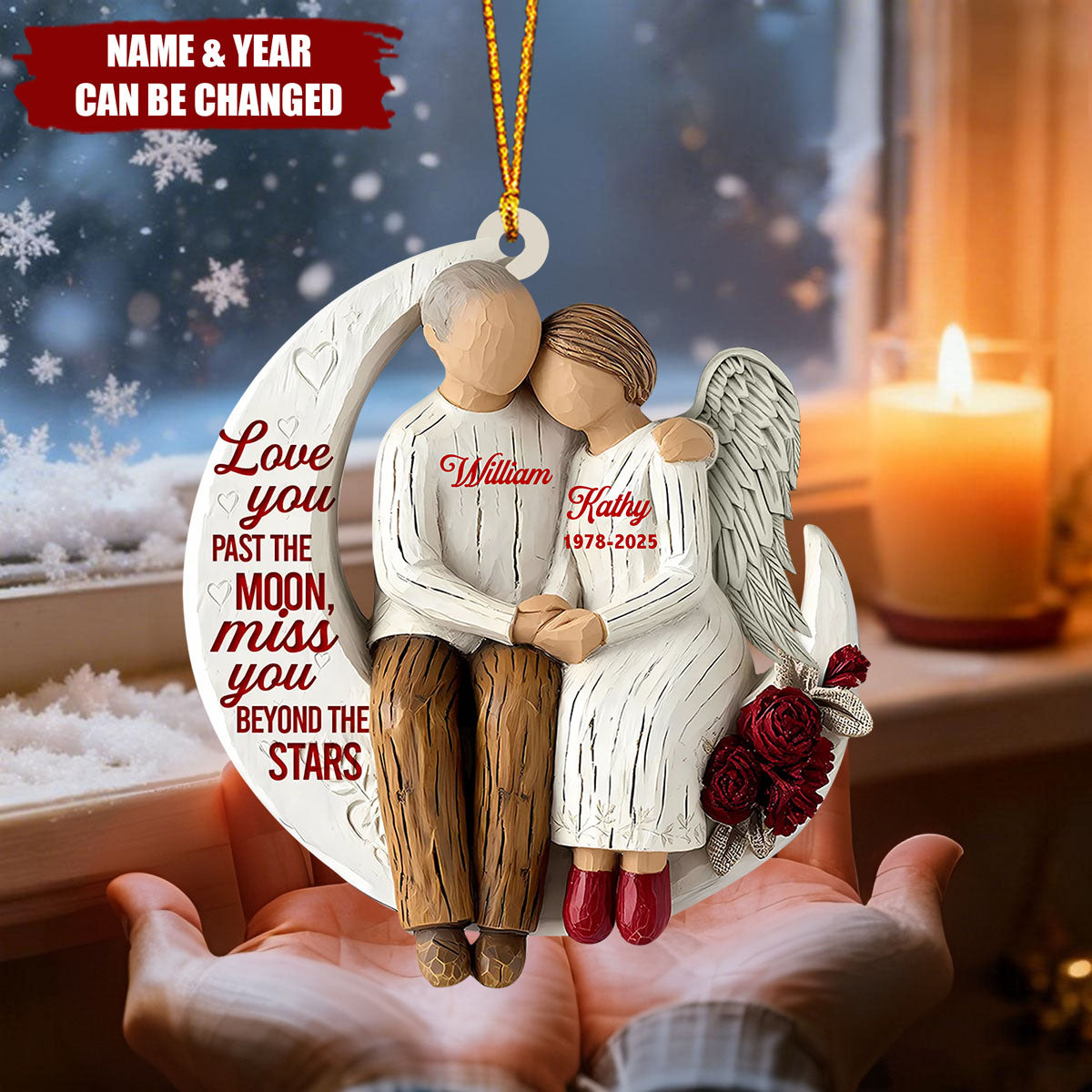 Personalized Memorial Husband and Wife Ornament – Custom Angel Wings Wooden Keepsake
